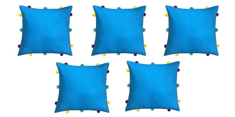 Lushomes Cushion Cover 12x12 Boho Cushion Covers Sofa Pillow Cover Cushion Covers with Tassels Cushion Cover with pom pom 12x12 Inches Set of 5 Blue - Image 1