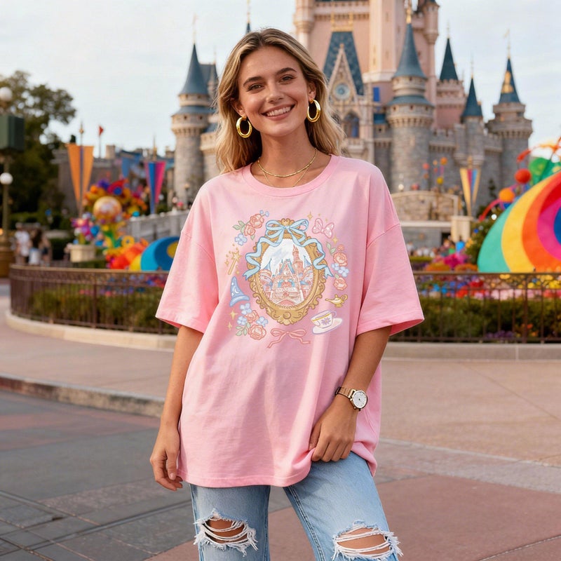 FISCRAT Magic Kingdom Castle Shirt for Women Princess T Shirts Oversized Tee Coquette Bow Castle Graphic Top Pink - Image 3