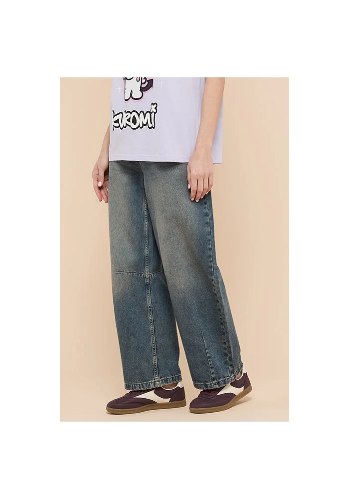 R&b  Faded Barrel Jeans with Button Closure for Women | Best Price UAE