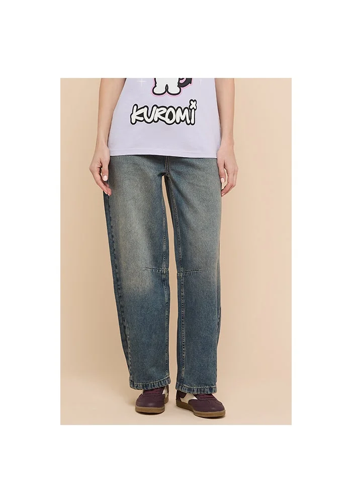 Faded Barrel Jeans with Button Closure