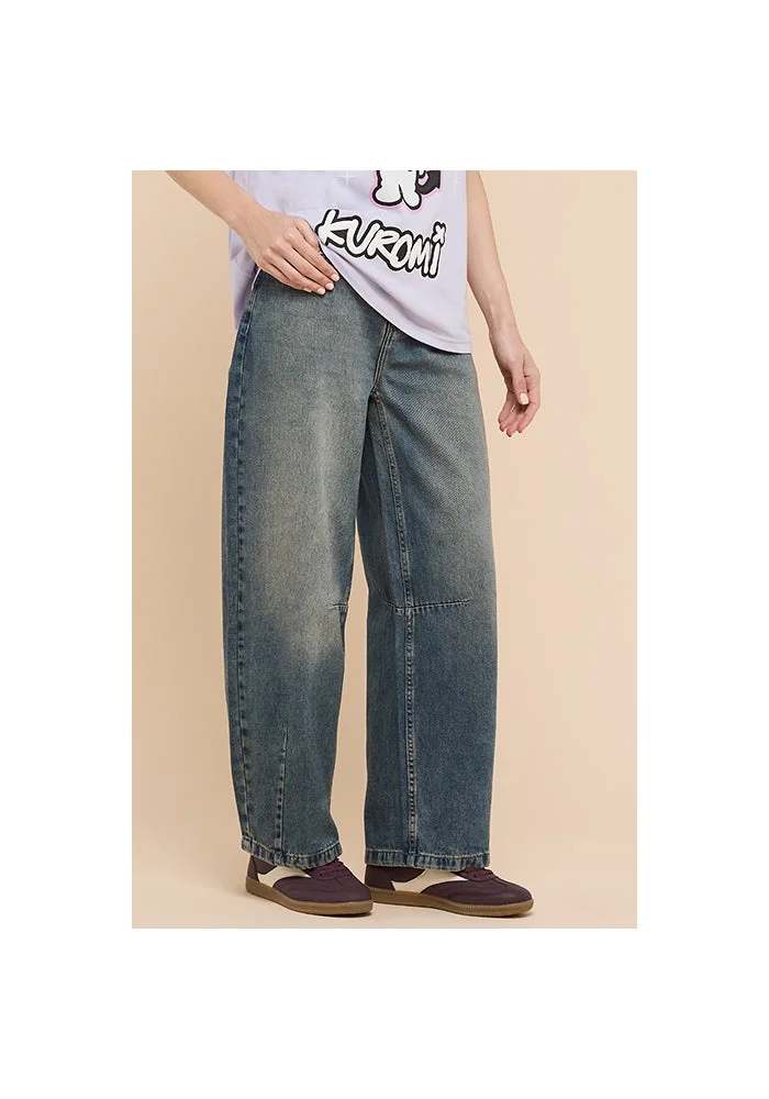 R&b  Faded Barrel Jeans with Button Closure for Women | Best Price UAE