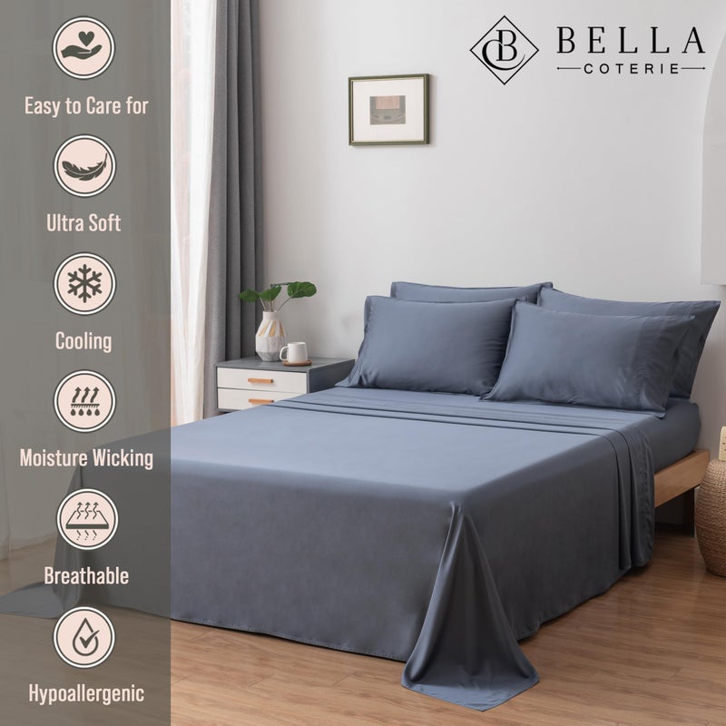 BC BELLA COTERIE Bella Coterie 6 Piece Luxury Bamboo Viscose Queen Size Sheet Set | 100% Organically Grown | Cooling for Hot Sleepers | 18" Deep Pocket | Soft & Hypoallergenic | 4 Pillowcases [Slate Blue] - Image 2