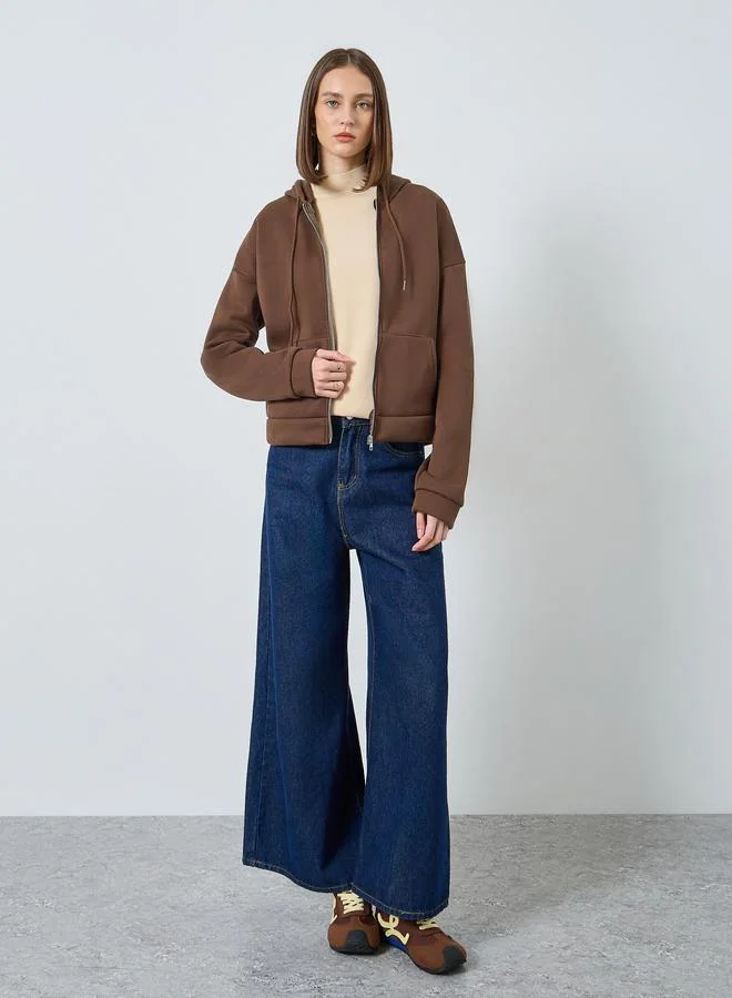 Styli Brown Solid Zip-Up Hoodie