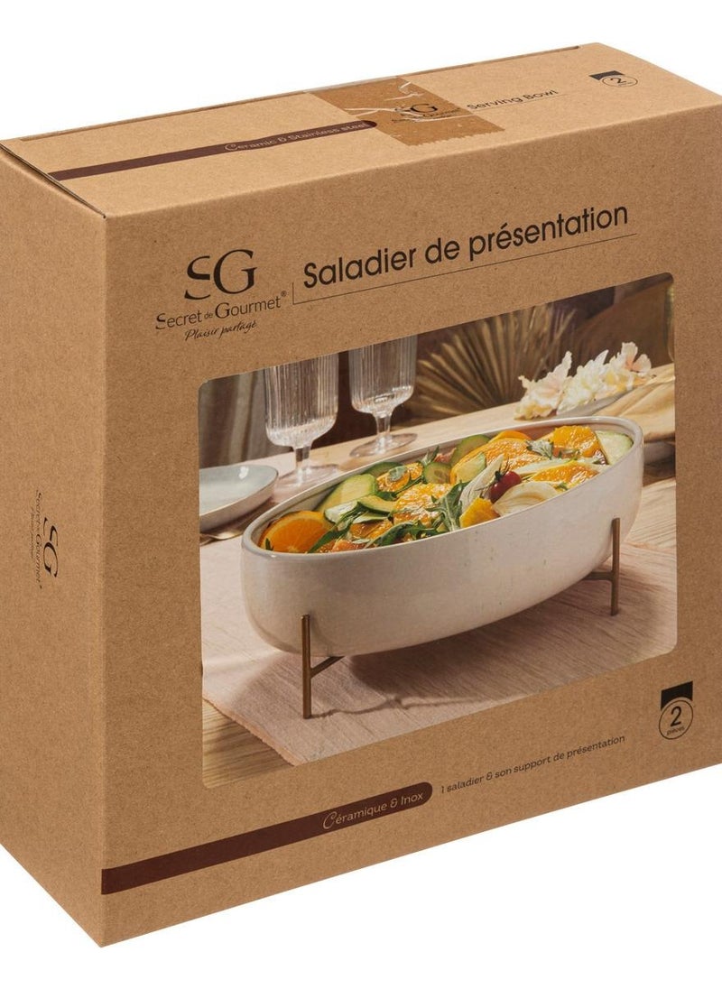LOFT DOLOMITE,SALAD BOWL WITH STAND,D29.5XH10CMS,WHITE WITH METAL STAND-196308  - Image 2