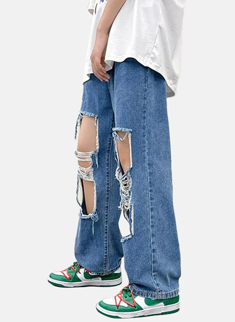 YUNIQEE Blue Solid Mid Rise Relaxed Fit Jeans
