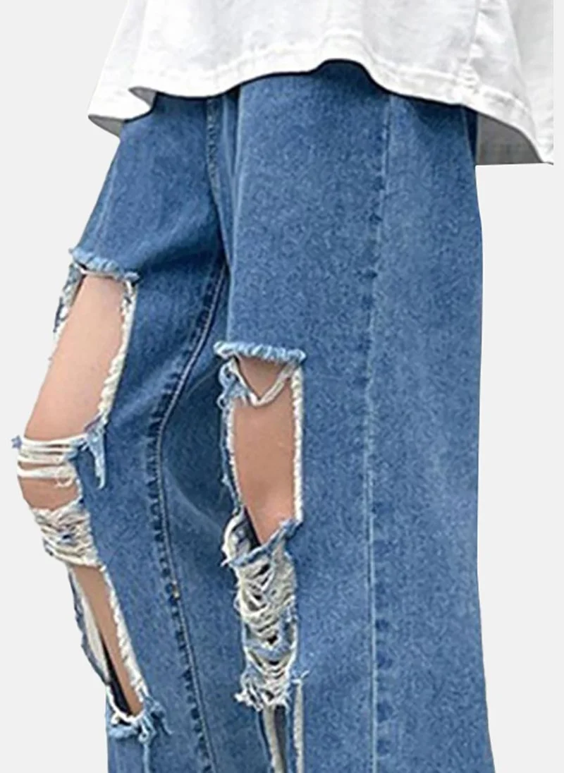 YUNIQEE Blue Solid Mid Rise Relaxed Fit Jeans