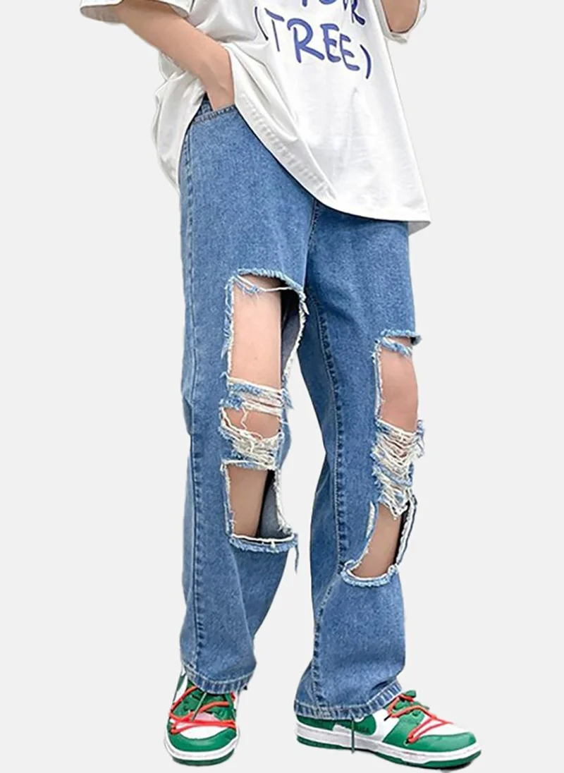 YUNIQEE Blue Solid Mid Rise Relaxed Fit Jeans