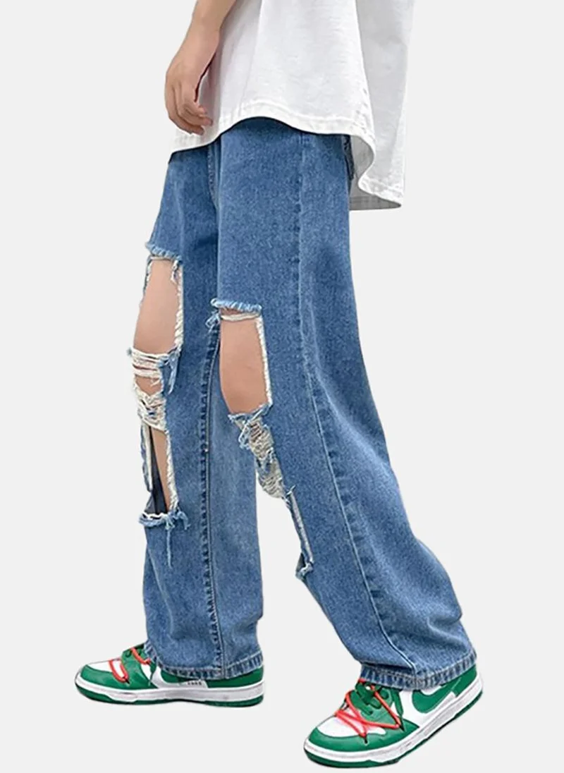 YUNIQEE Blue Solid Mid Rise Relaxed Fit Jeans