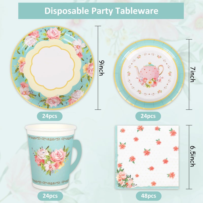 Whaline Tea Party Tableware Supplies Serves 24 Spring Floral Tea Party Disposable Paper Dinnerware  24 9"" Plates 24 7"" Saucer Plate 24 9oz Tea Cups with Handle 48 Luncheon Napkins - Image 2
