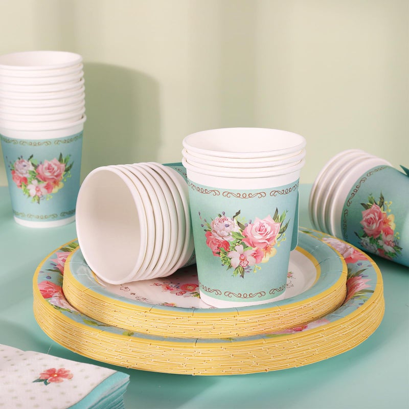 Whaline Tea Party Tableware Supplies Serves 24 Spring Floral Tea Party Disposable Paper Dinnerware  24 9"" Plates 24 7"" Saucer Plate 24 9oz Tea Cups with Handle 48 Luncheon Napkins - Image 3