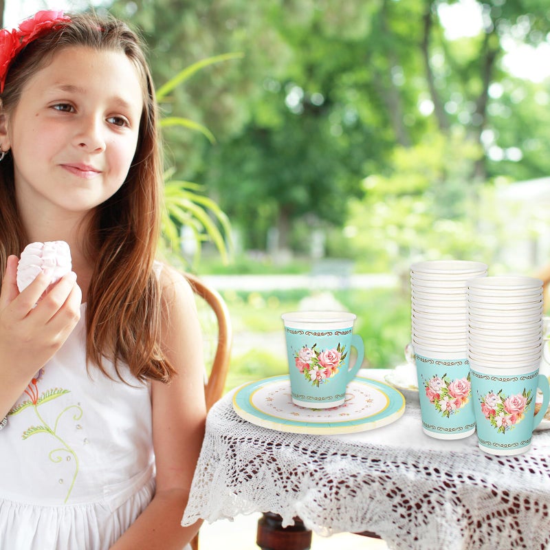 Whaline Tea Party Tableware Supplies Serves 24 Spring Floral Tea Party Disposable Paper Dinnerware  24 9"" Plates 24 7"" Saucer Plate 24 9oz Tea Cups with Handle 48 Luncheon Napkins - Image 5