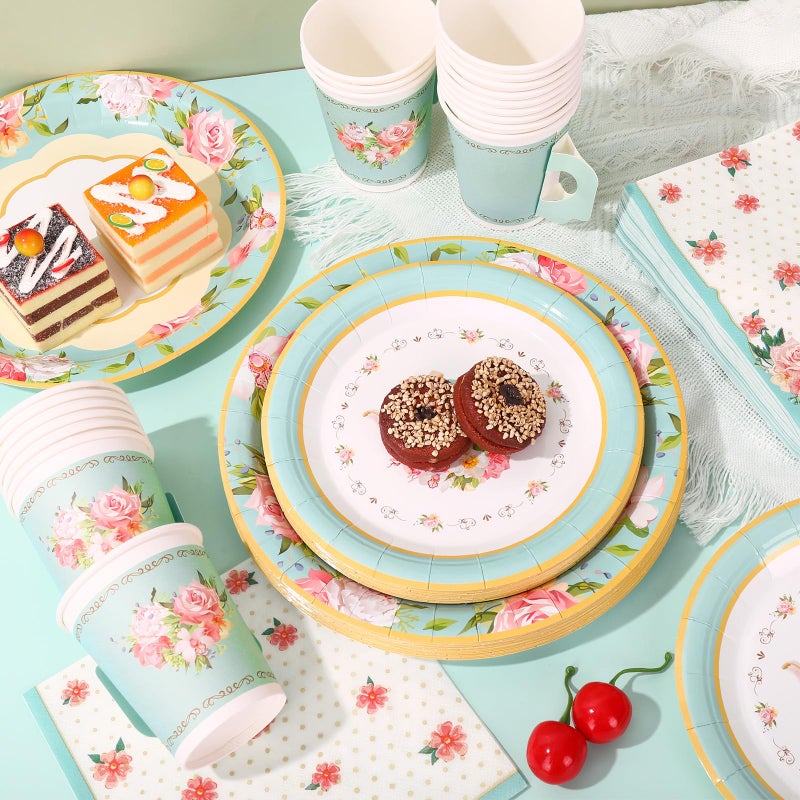 Whaline Tea Party Tableware Supplies Serves 24 Spring Floral Tea Party Disposable Paper Dinnerware  24 9"" Plates 24 7"" Saucer Plate 24 9oz Tea Cups with Handle 48 Luncheon Napkins - Image 4