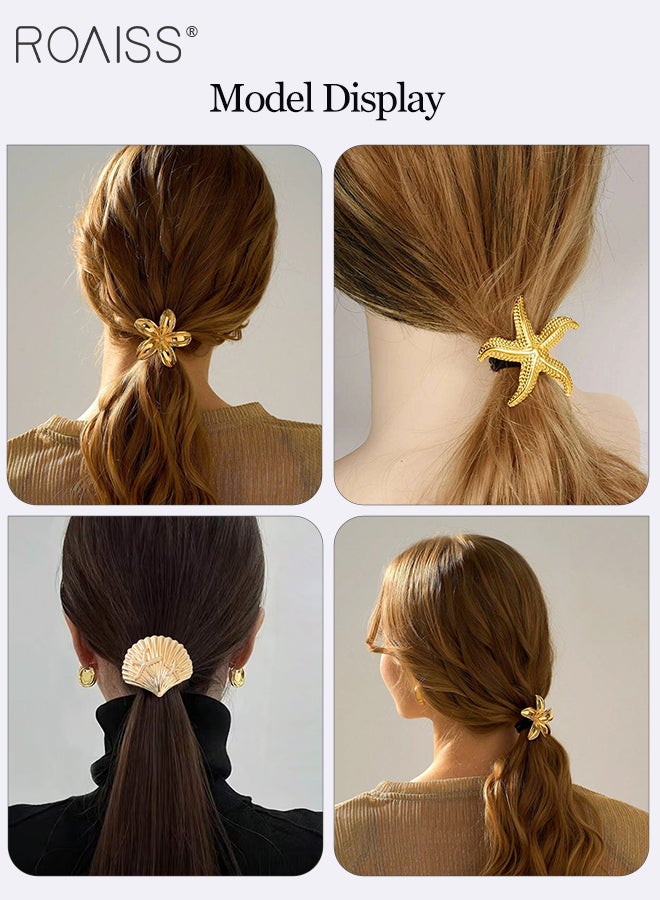 رويس 3 قطع من عصابة الرأس المصنوعة من سبائك الذهب، إكسسوارات شعر مرنة باللون الذهبي، حامل ذيل حصان على شكل نجمة البحر، رباط شعر متعدد الوظائف، مناسب للارتداء اليومي للنساء - Image 3