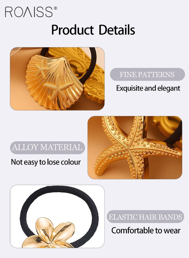 رويس 3 قطع من عصابة الرأس المصنوعة من سبائك الذهب، إكسسوارات شعر مرنة باللون الذهبي، حامل ذيل حصان على شكل نجمة البحر، رباط شعر متعدد الوظائف، مناسب للارتداء اليومي للنساء - Image 4