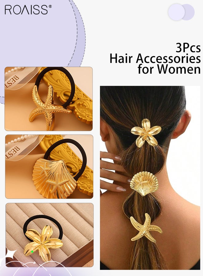 رويس 3 قطع من عصابة الرأس المصنوعة من سبائك الذهب، إكسسوارات شعر مرنة باللون الذهبي، حامل ذيل حصان على شكل نجمة البحر، رباط شعر متعدد الوظائف، مناسب للارتداء اليومي للنساء - Image 1