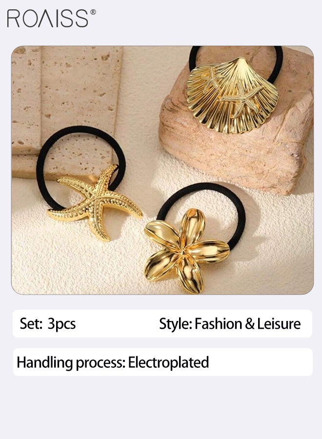 رويس 3 قطع من عصابة الرأس المصنوعة من سبائك الذهب، إكسسوارات شعر مرنة باللون الذهبي، حامل ذيل حصان على شكل نجمة البحر، رباط شعر متعدد الوظائف، مناسب للارتداء اليومي للنساء - Image 2
