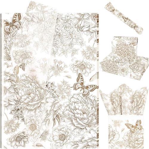 Bolsome 100 Sheets 20 * 14 Inches Vintage Floral Tissue Paper Rose Flowers Butterfly Wrapping Tissue Paper Decorative Tissue for Wedding Bridal Shower DIY Craft (Coffee) - Image 1