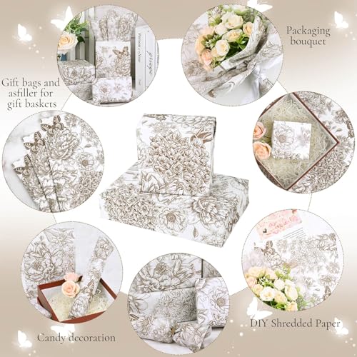 Bolsome 100 Sheets 20 * 14 Inches Vintage Floral Tissue Paper Rose Flowers Butterfly Wrapping Tissue Paper Decorative Tissue for Wedding Bridal Shower DIY Craft (Coffee) - Image 3