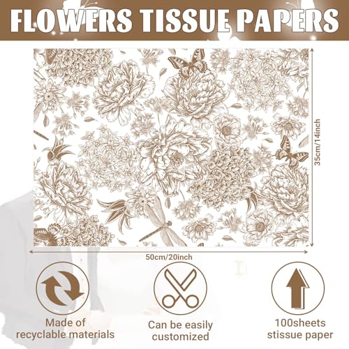 Bolsome 100 Sheets 20 * 14 Inches Vintage Floral Tissue Paper Rose Flowers Butterfly Wrapping Tissue Paper Decorative Tissue for Wedding Bridal Shower DIY Craft (Coffee) - Image 2