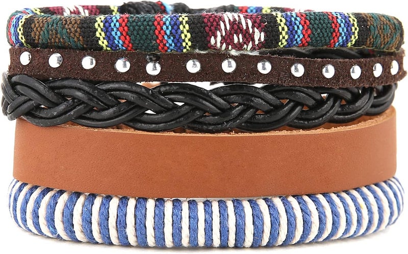 HZMAN Wrap Bracelets Men Women, Hemp Cords Wood Beads Ethnic Tribal Bracelets, Leather Wristbands - Image 1