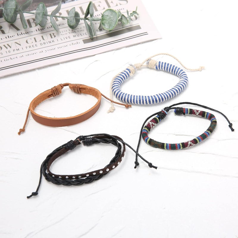 HZMAN Wrap Bracelets Men Women, Hemp Cords Wood Beads Ethnic Tribal Bracelets, Leather Wristbands - Image 2