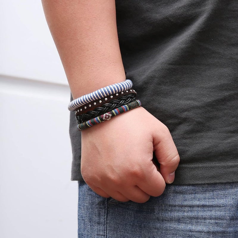 HZMAN Wrap Bracelets Men Women, Hemp Cords Wood Beads Ethnic Tribal Bracelets, Leather Wristbands - Image 4
