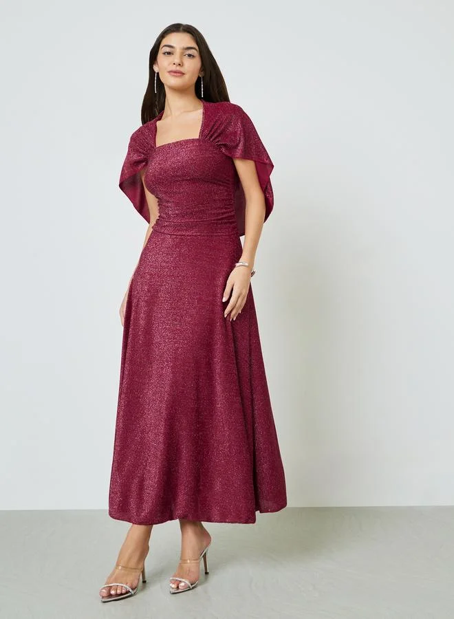 تايك تو Burgundy Sparkle A-Line Square Neck Maxi Dress