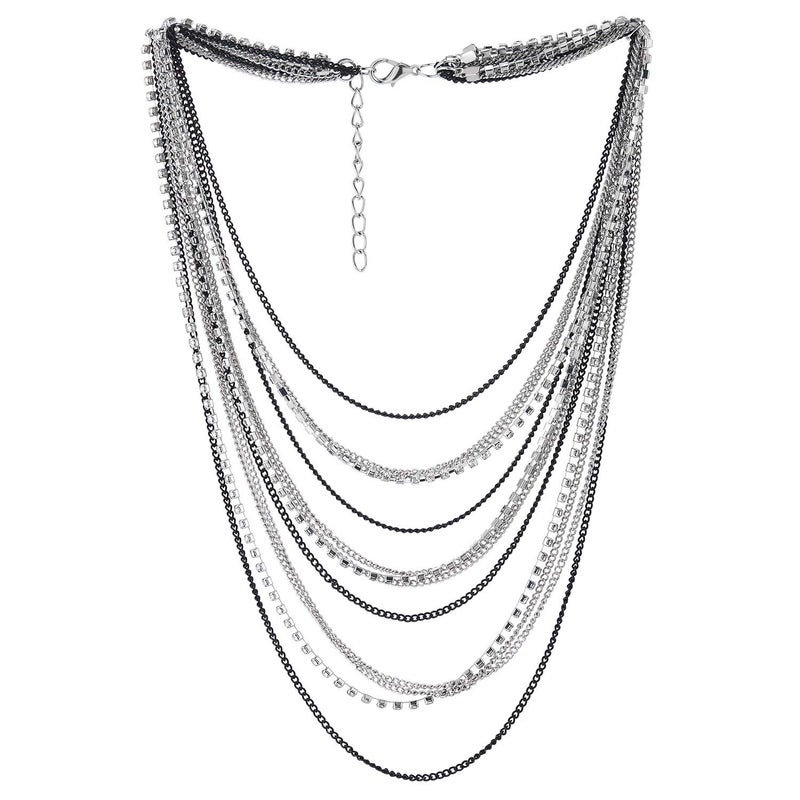 COOLSTEELANDBEYOND Black and Silver Color Rhinestone Layered Chain Necklace for Women, Multi-Strand Draped Bib Statement Party Necklace - Image 1