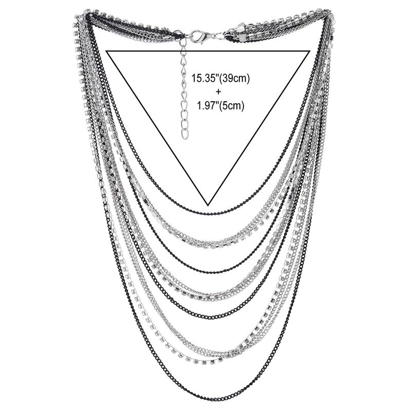 COOLSTEELANDBEYOND Black and Silver Color Rhinestone Layered Chain Necklace for Women, Multi-Strand Draped Bib Statement Party Necklace - Image 4