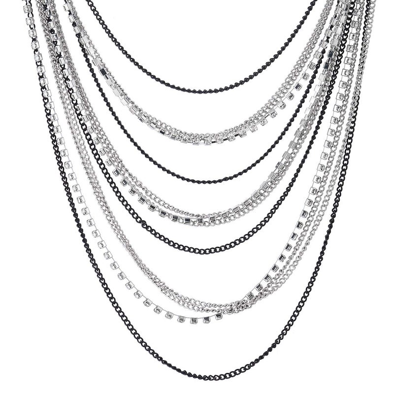 COOLSTEELANDBEYOND Black and Silver Color Rhinestone Layered Chain Necklace for Women, Multi-Strand Draped Bib Statement Party Necklace - Image 2
