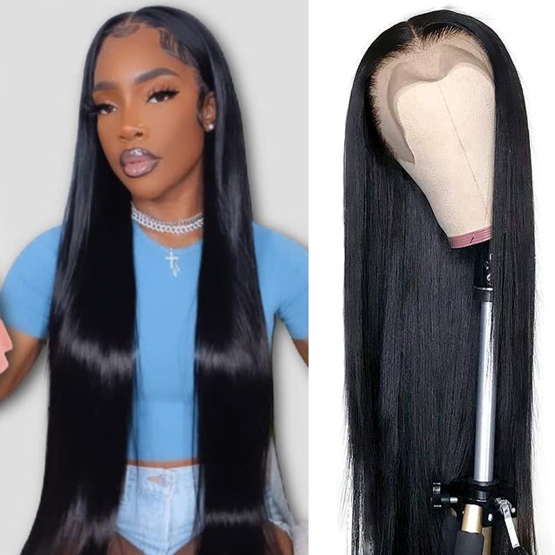 mengkai 34 Inch Straight Lace Front Wigs Human Hair Pre Plucked Bleach Knots Hairline Glueless 180 Density 134 HD Lace Front Wigs Human Hair Straight Human Hair Wigs for Women with Baby - Image 2