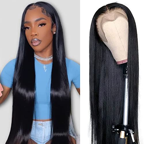 mengkai 34 Inch Straight Lace Front Wigs Human Hair Pre Plucked Bleach Knots Hairline Glueless 180 Density 134 HD Lace Front Wigs Human Hair Straight Human Hair Wigs for Women with Baby - Image 1