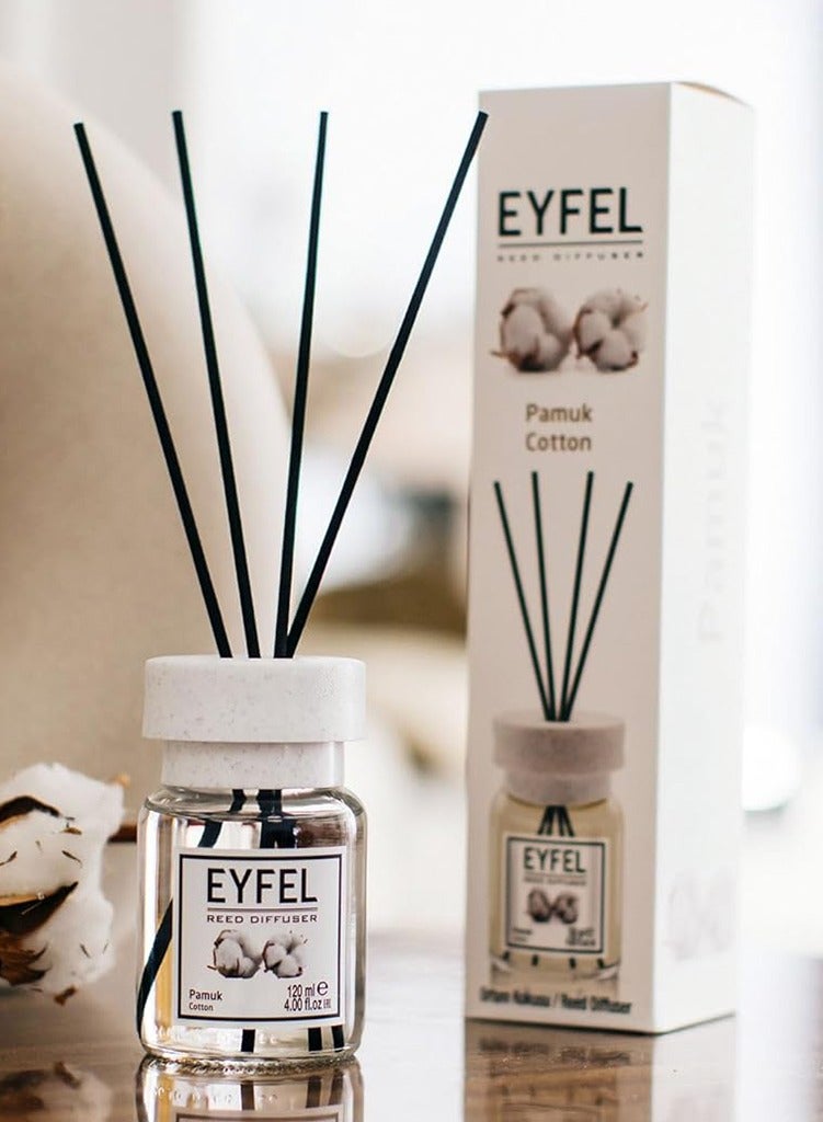 EYFEL Refreshing Reed Diffuser (Pamuk) Cotton 120ml | Long Lasting Pure Soft Reed Diffuser with 4 Bamboo Reeds | Clean Linen Fragrance for Home & Office - Image 1