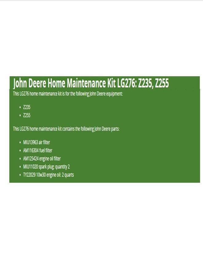 John Deere Home Maintenance Kit for Z235, Z255 Lawn Tractor Mower LG276 - Image 2