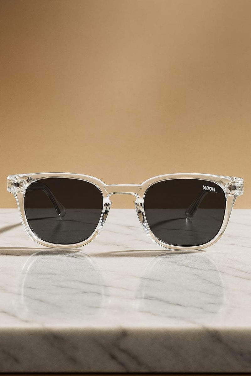 مون نظارة شمسية مون للجنسين - إطار أبيض شفاف مع عدسات سوداء، حماية أنيقة من الأشعة فوق البنفسجية للرجال والنساء - Image 5