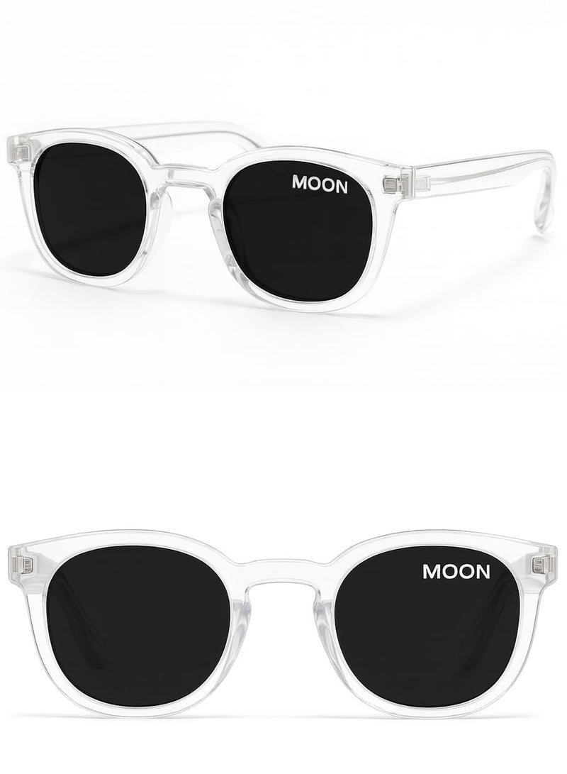 مون نظارة شمسية مون للجنسين - إطار أبيض شفاف مع عدسات سوداء، حماية أنيقة من الأشعة فوق البنفسجية للرجال والنساء - Image 2