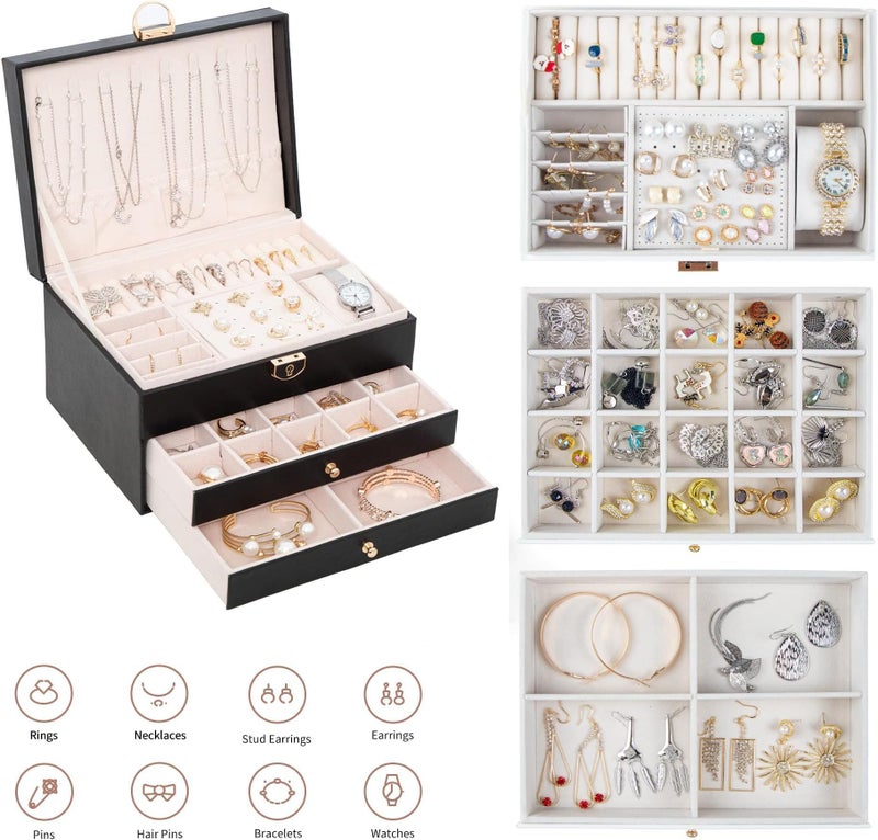 Vlando 3 Layer Jewellery Organiser Box, Large PU Leather Jewelry Storage Case With Drawers, Earrings, Rings, Necklaces Holder | Luxury Jewellery Box For Women & Girls Gift (Black) - Image 4