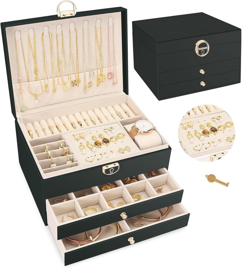 Vlando 3 Layer Jewellery Organiser Box, Large PU Leather Jewelry Storage Case With Drawers, Earrings, Rings, Necklaces Holder | Luxury Jewellery Box For Women & Girls Gift (Black) - Image 1