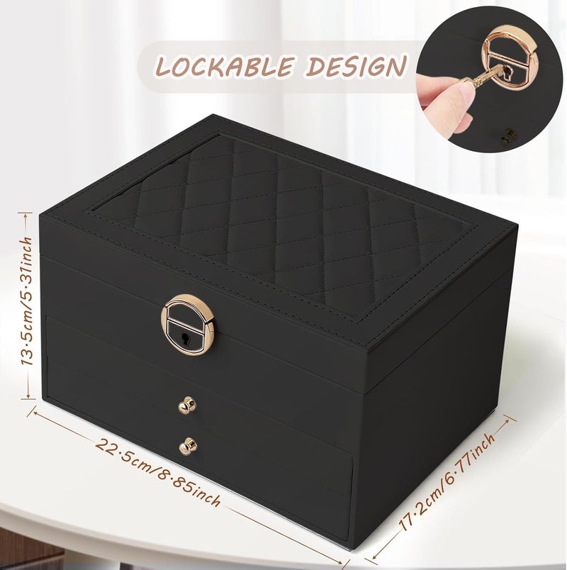 Vlando 3 Layer Jewellery Organiser Box, Large PU Leather Jewelry Storage Case With Drawers, Earrings, Rings, Necklaces Holder | Luxury Jewellery Box For Women & Girls Gift (Black) - Image 2