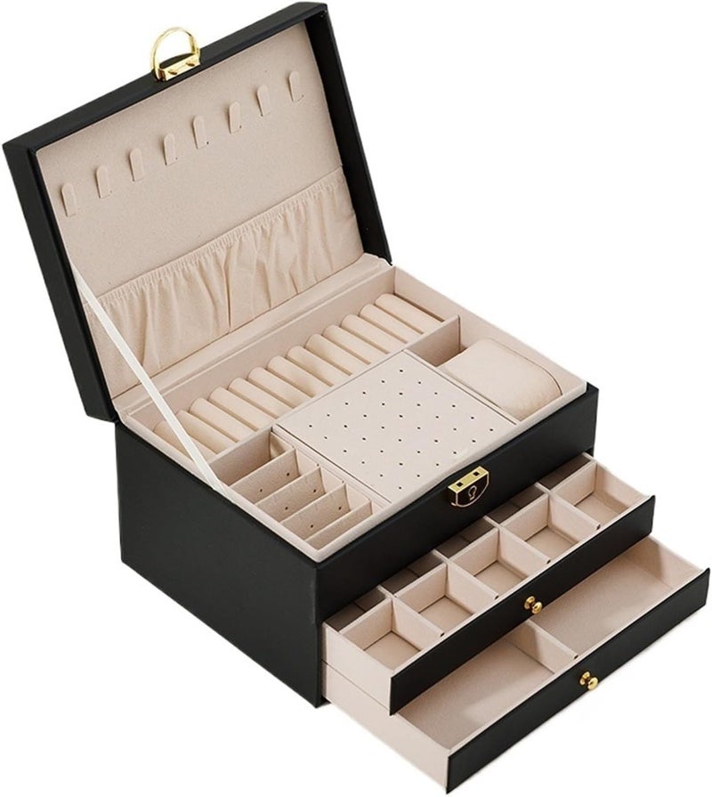 Vlando 3 Layer Jewellery Organiser Box, Large PU Leather Jewelry Storage Case With Drawers, Earrings, Rings, Necklaces Holder | Luxury Jewellery Box For Women & Girls Gift (Black) - Image 3