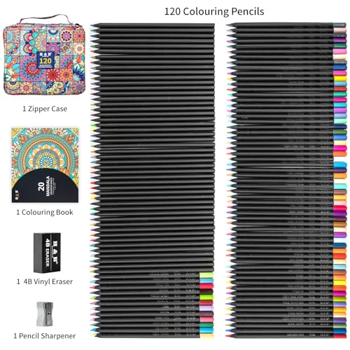 HB H & B 120-Color Black Wood Colored Pencils Set with Coloring Book, Eraser, Sharpener - Drawing and Coloring - Artist-Grade Soft Oil-Based Cores - Works on Black Paper - Image 3