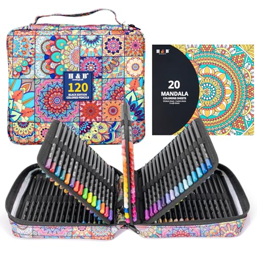 HB H & B 120-Color Black Wood Colored Pencils Set with Coloring Book, Eraser, Sharpener - Drawing and Coloring - Artist-Grade Soft Oil-Based Cores - Works on Black Paper - Image 1