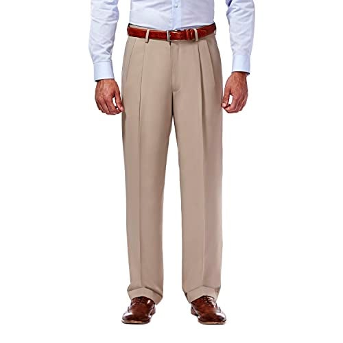 Haggar mens Mynx Gabardine Hidden Expandable Waistband Classic Fit Front Pleated dress pants, Tan, 42W x 30L US - Image 1