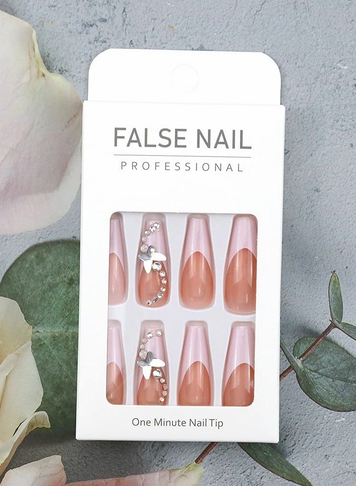 SOLARAE Press on Nails, Ballet French White Glow Butterfly Long Manicure, Artificial Acrylic Fake Nails Nail Art Accessories for Ladies and Girls (24 Pcs) - Image 4