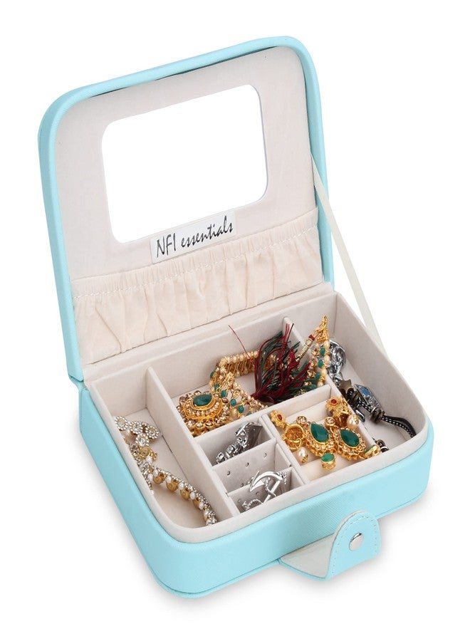 NFI essentials Faux Leather Portable Jewellery Organizer Box, Small Jewelry Boxes Display Storage Case With Snap Button For Rings Necklace Earrings (Blue, 1) - Image 3