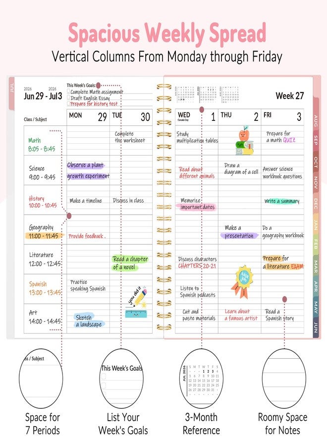 Forvencer Teacher Planner 2026-2027, Forvencer Academic Planner 2026-2027, Jul 2026 - Jun 2027, 8.5"x11", Weekly & Monthly Planning Book with 7 Periods, School Agenda for Teacher Student Homeschool, A4, Pink - Image 2