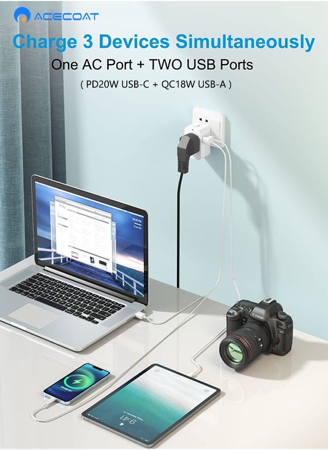 ايسكوت محول سفر عالمي مع 1 USB و1 نوع C للولايات المتحدة الامريكية والاتحاد الاوروبي والمملكة المتحدة واستراليا، ثمانية صمامات حماية رئيسية، شحن سريع 20 واط  - Image 4