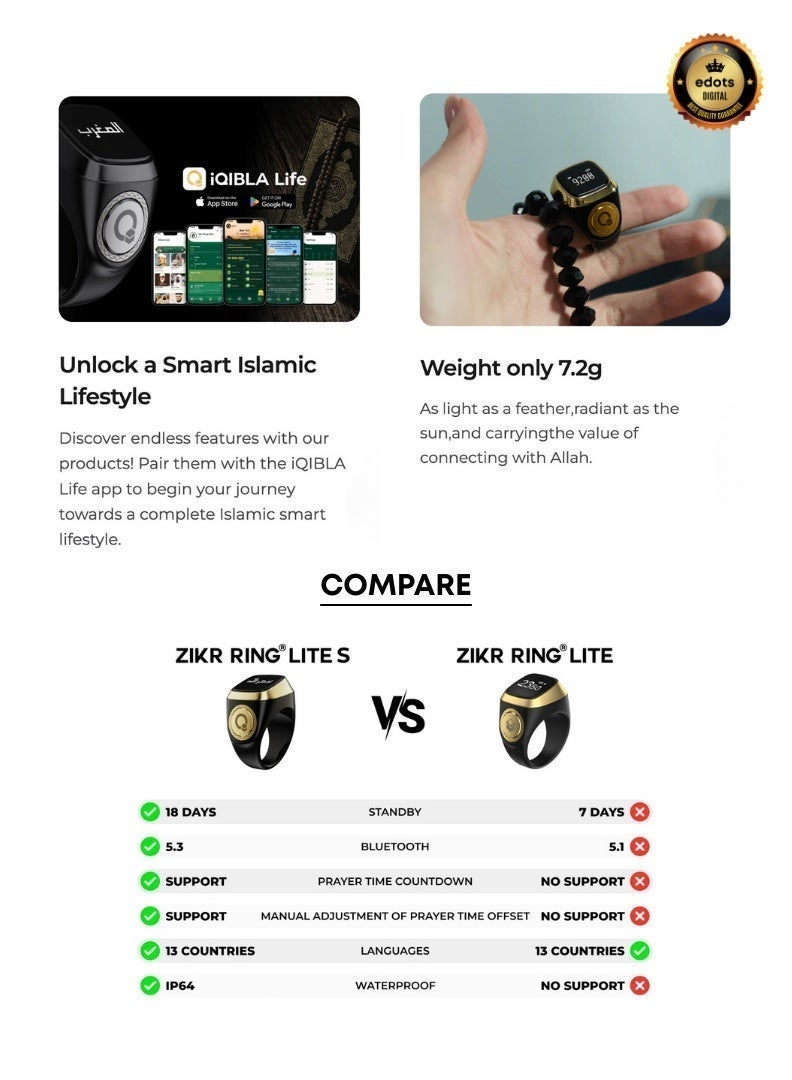 iQIBLA Smart Zikr Ring | Lite S | 18mm | Prayer Counter, Tasbih Counter & Muslim Prayer Time Reminder | Waterproof Wearable Technology | Green - Image 5