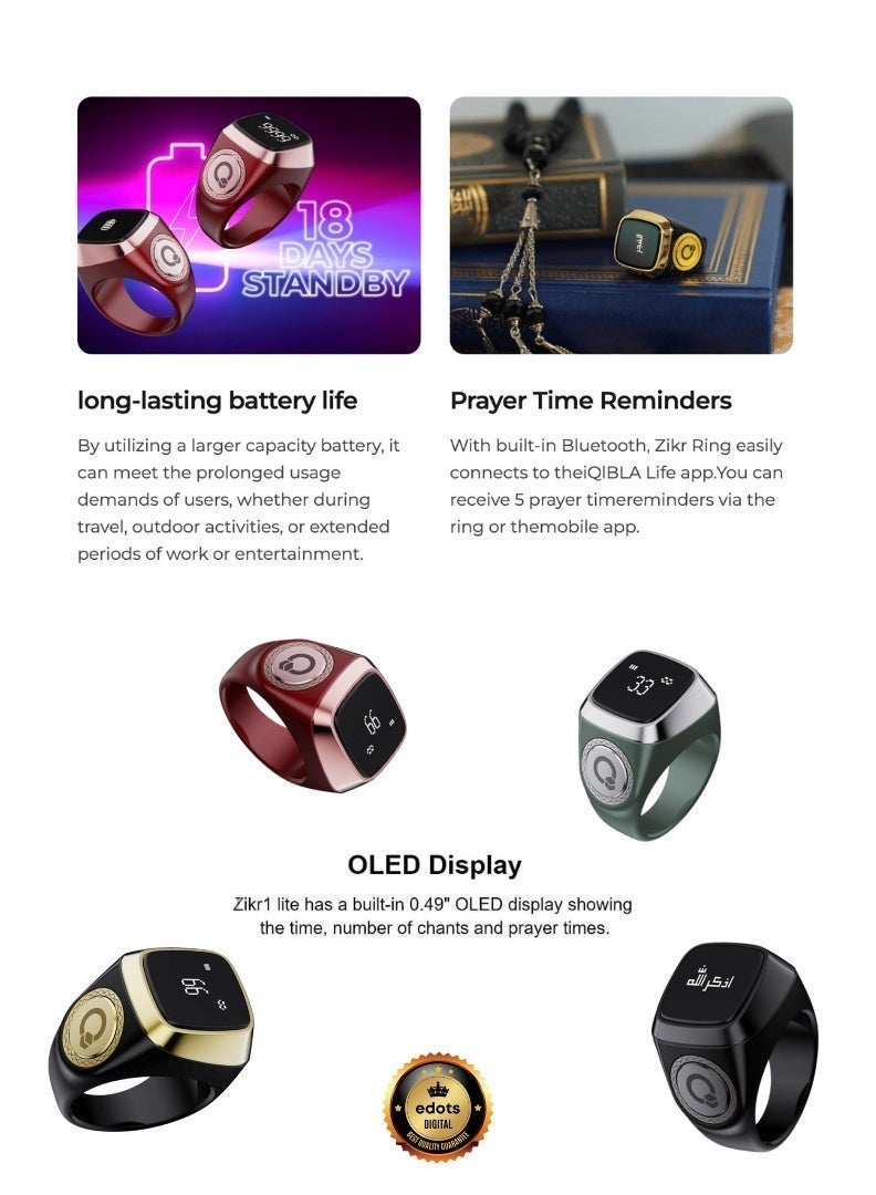 iQIBLA Smart Zikr Ring | Lite S | 18mm | Prayer Counter, Tasbih Counter & Muslim Prayer Time Reminder | Waterproof Wearable Technology | Green - Image 3