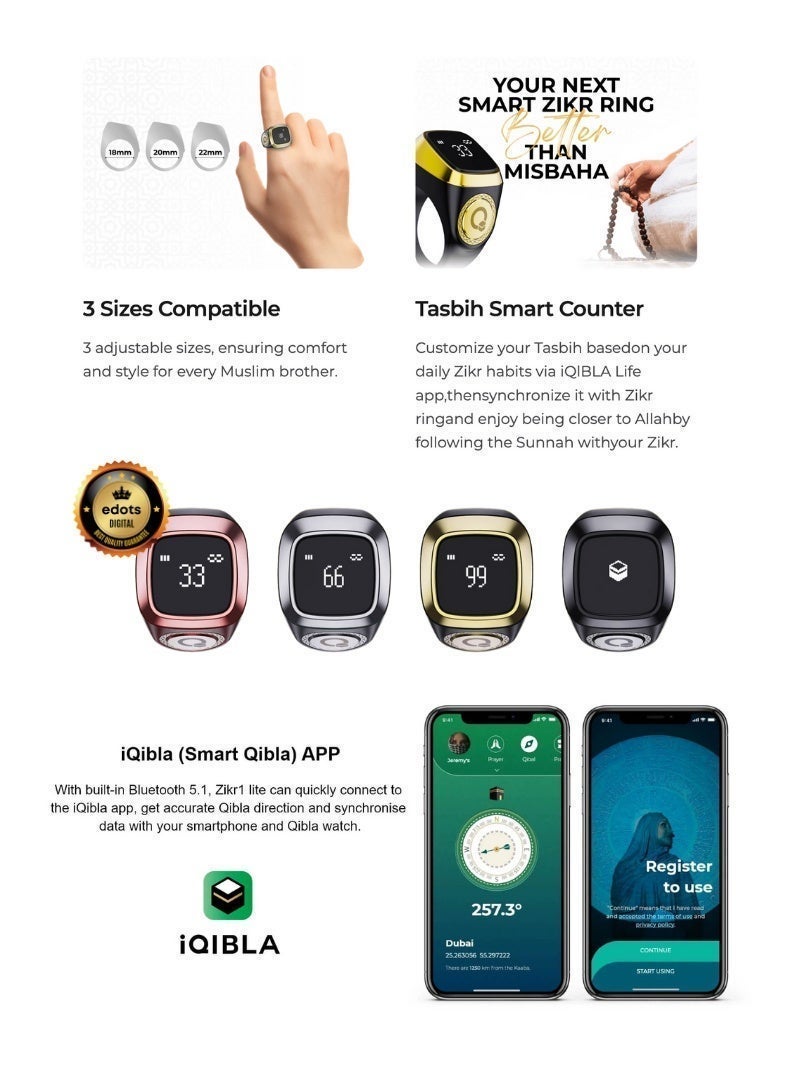iQIBLA Smart Zikr Ring | Lite S | 18mm | Prayer Counter, Tasbih Counter & Muslim Prayer Time Reminder | Waterproof Wearable Technology | Green - Image 4